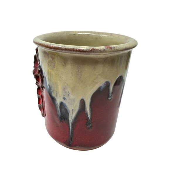 Handcrafted Ceramic Coffee Mug Redware Drip Glaze Rustic Cross Floral Handle - Picture 14 of 16